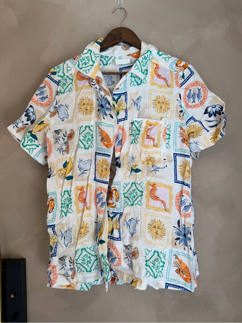 Anthropologie White Multicolor Tile-Print Button-Down Shirt